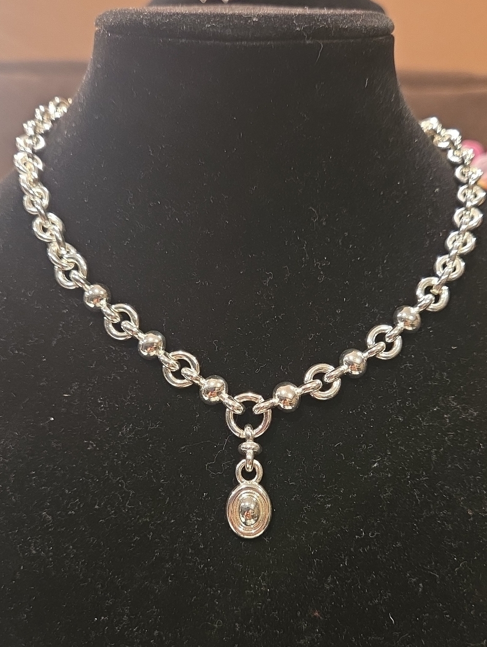 Monet Silver-Tone Bead Link Necklace with Oval Drop